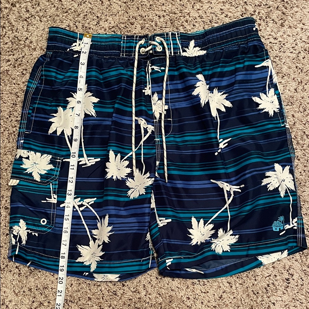 Caribbean Joe Navy and Teal Palm Swim Shorts